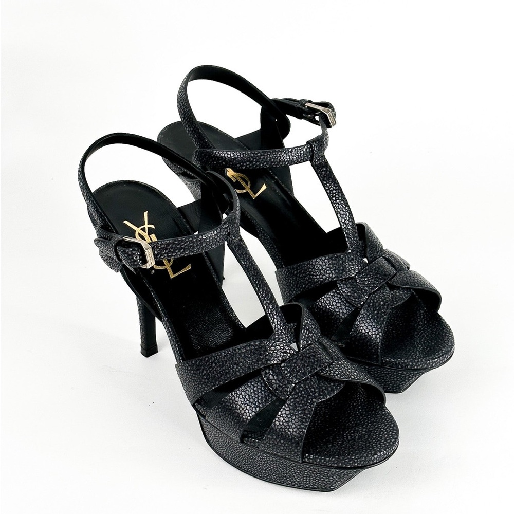 YSL Saint Laurent Tribute Black Grained Leather Platform High Heel Sandals